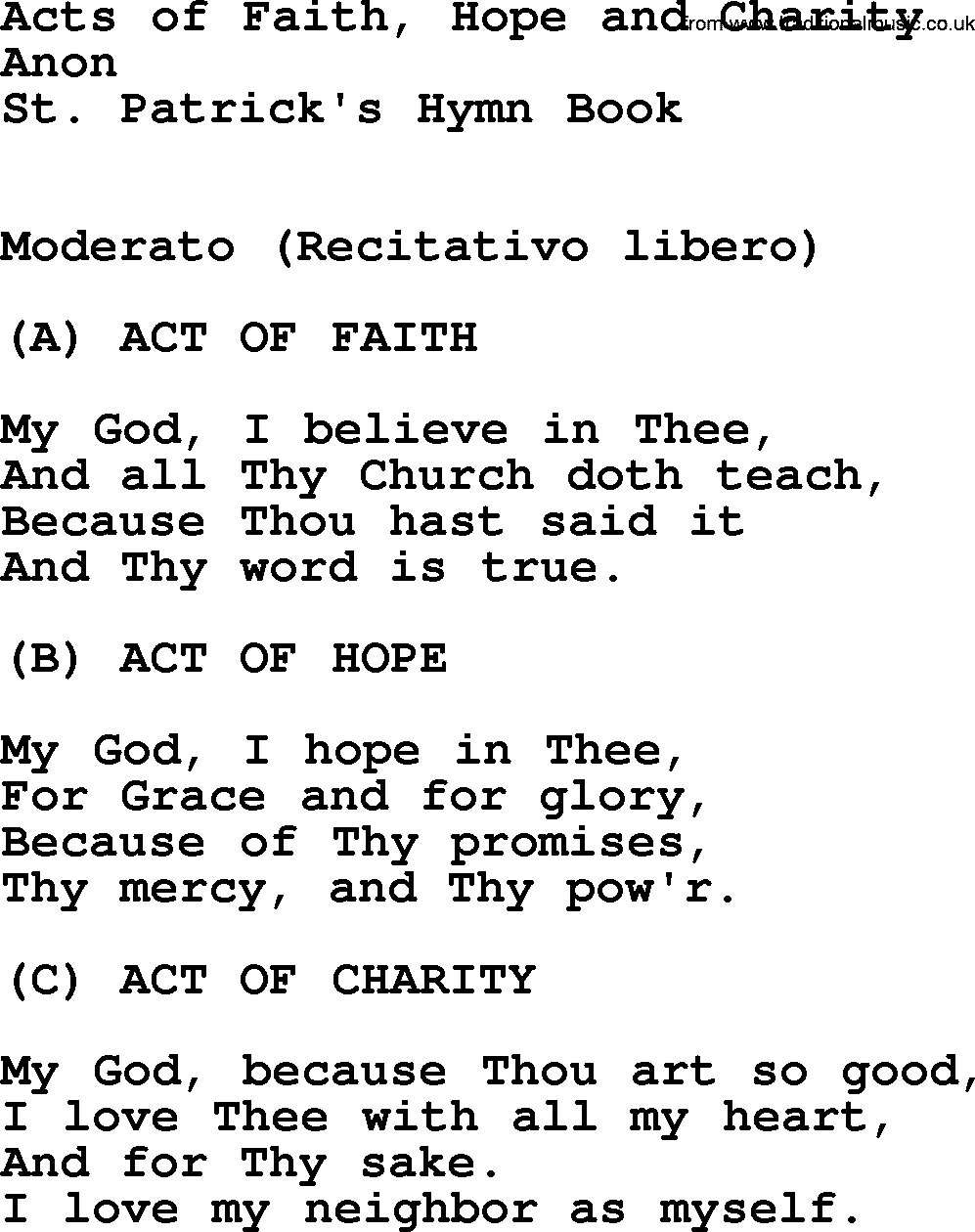 Catholic Hymn: Acts Of Faith, Hope And Charity lyrics with PDF