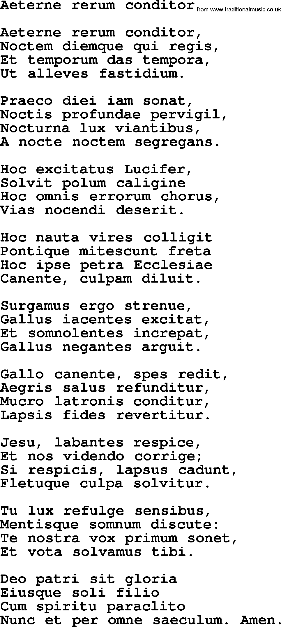 Catholic Hymn: Aeterne Rerum Conditor lyrics with PDF