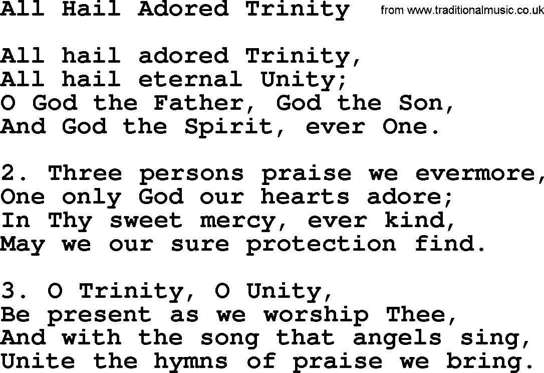 Catholic Hymn: All Hail Adored Trinity lyrics with PDF