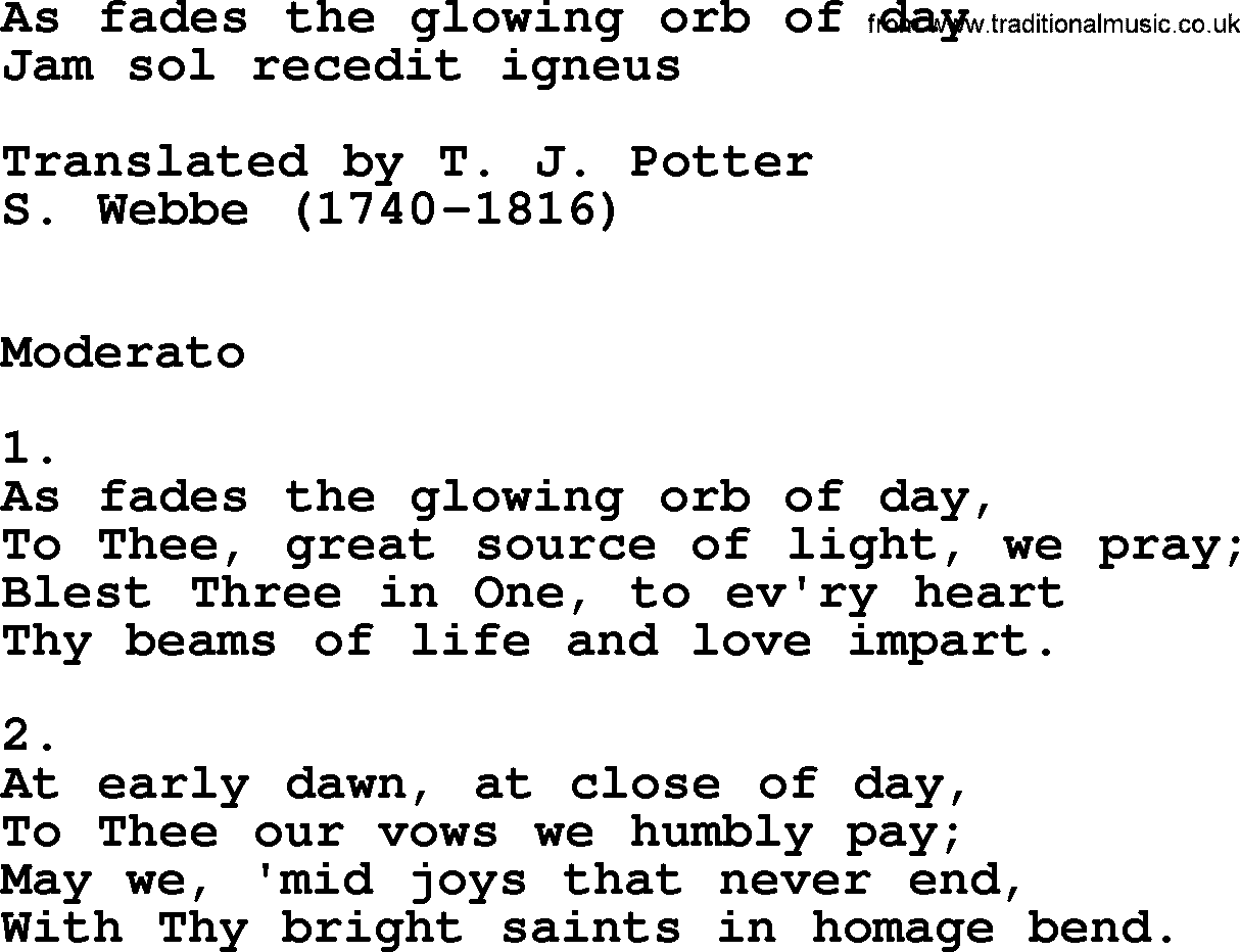 Catholic Hymn: As Fades The Glowing Orb Of Day lyrics with PDF