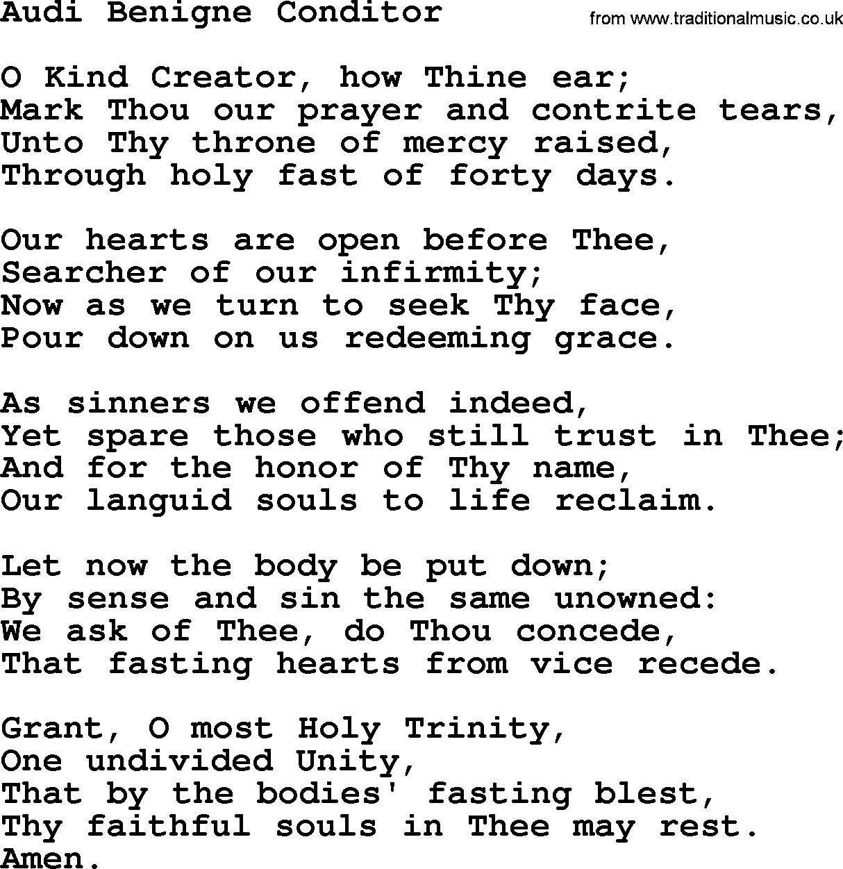 Catholic Hymn: Audi Benigne Conditor lyrics with PDF