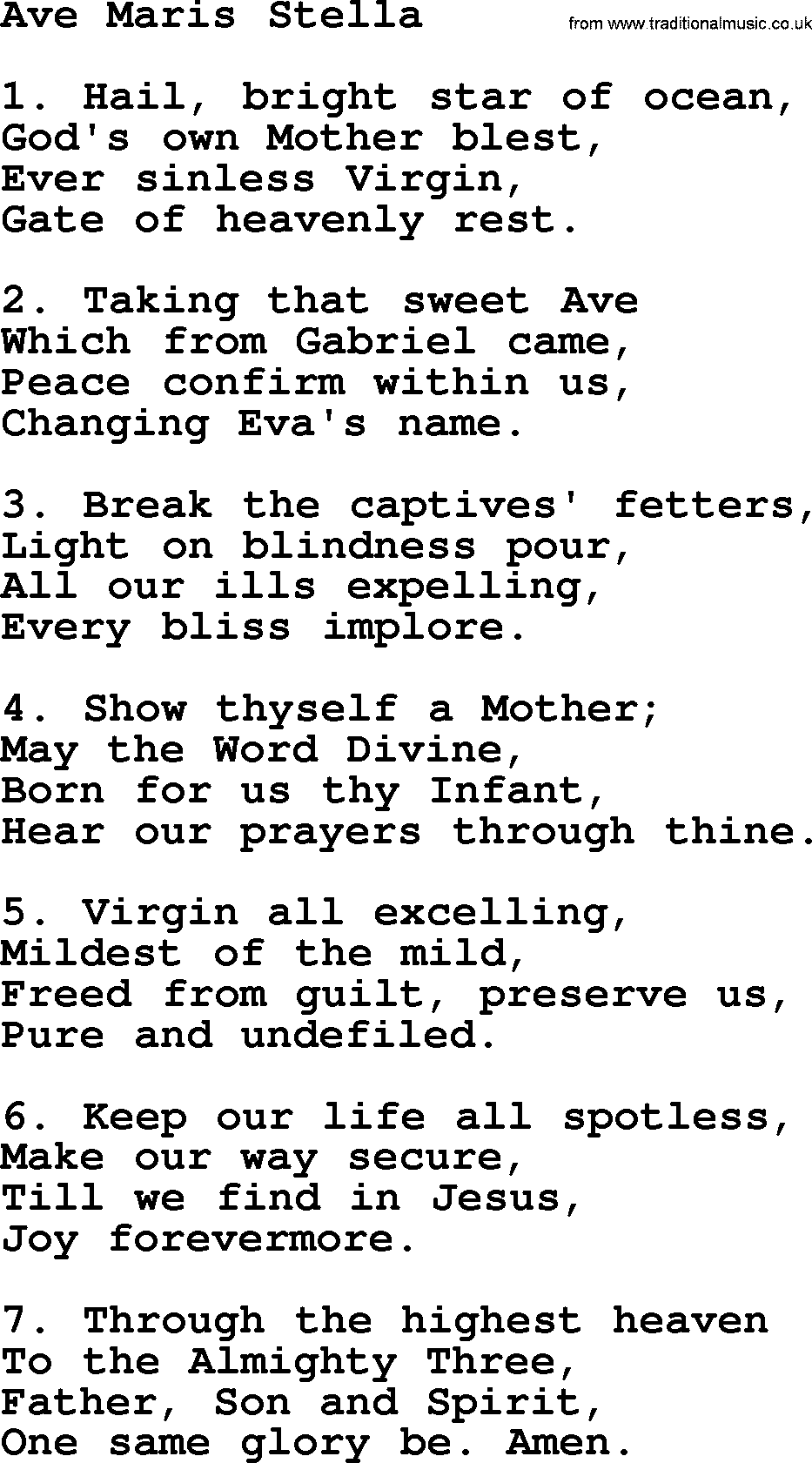 Catholic Hymn: Ave Maris Stella lyrics with PDF