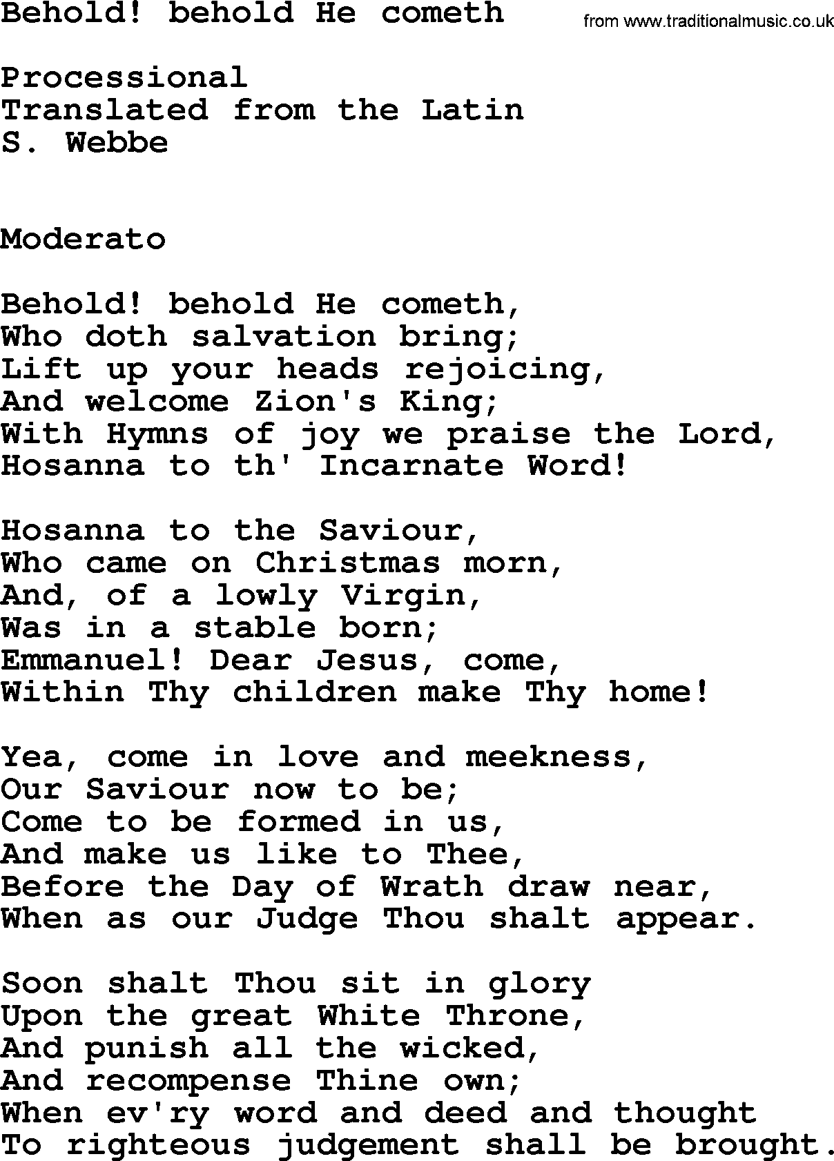 Catholic Hymn: Behold! Behold He Cometh lyrics with PDF