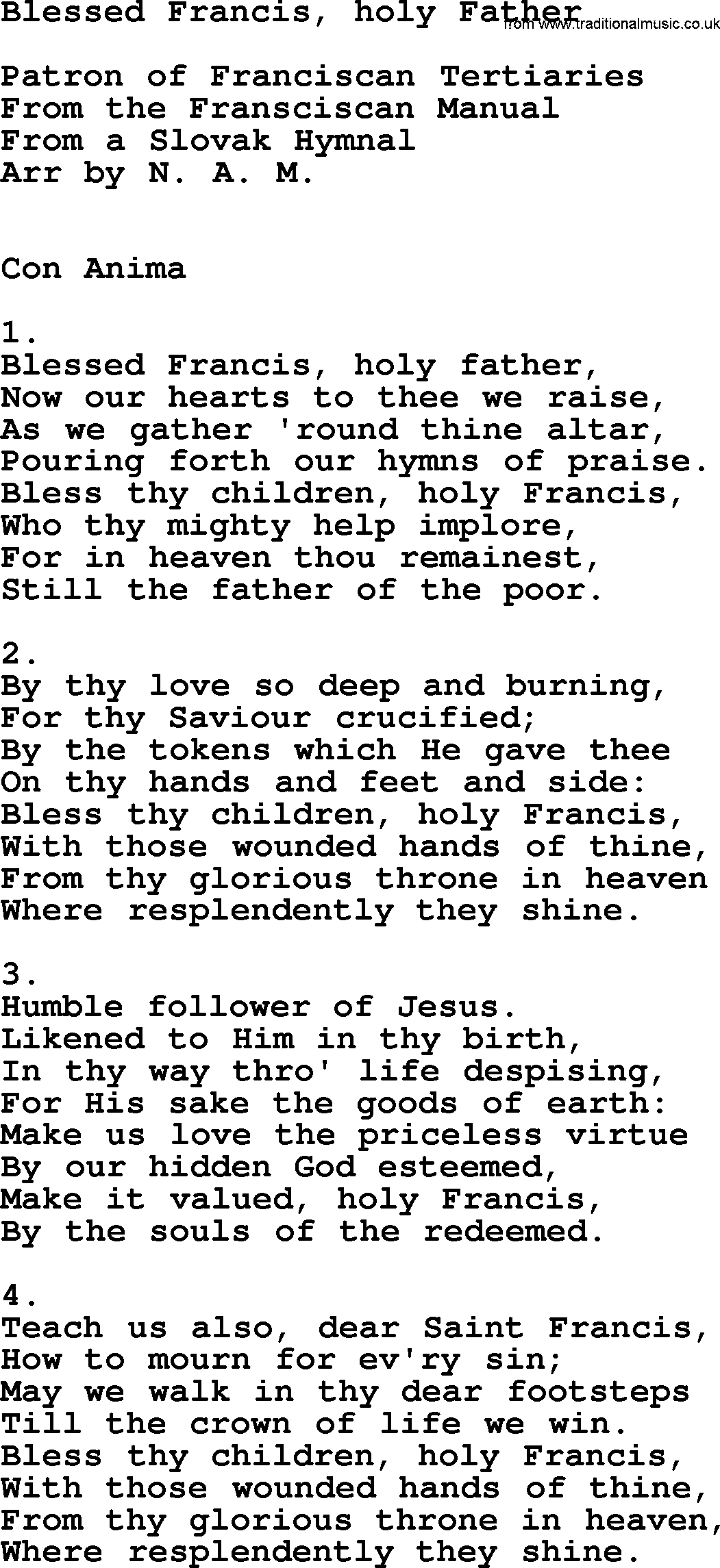 Catholic Hymn: Blessed Francis, Holy Father lyrics with PDF