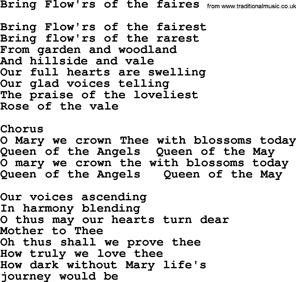 Catholic Hymn: Bring Flow'rs Of The Faires lyrics with PDF