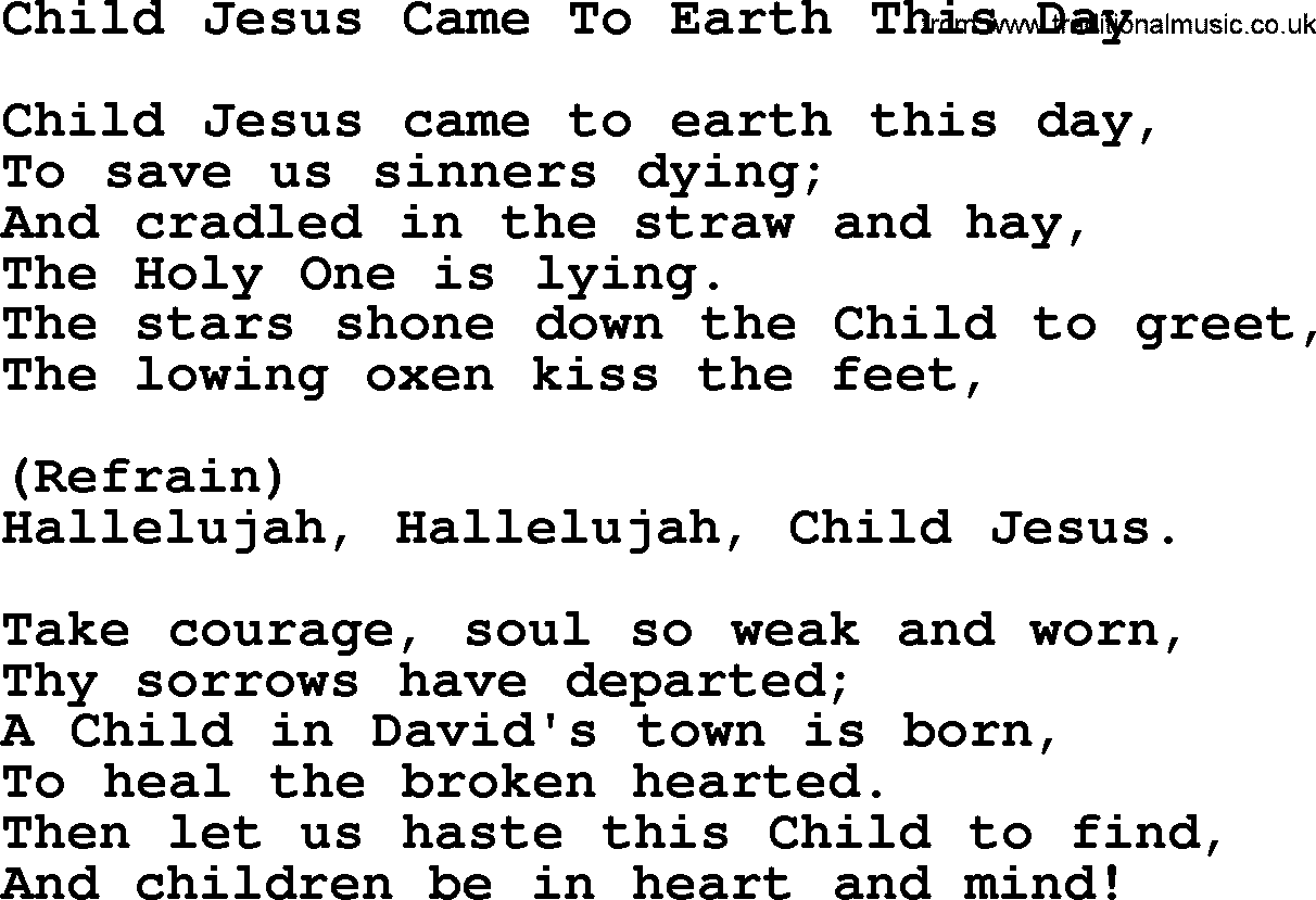 Catholic Hymn: Child Jesus Came To Earth This Day lyrics with PDF