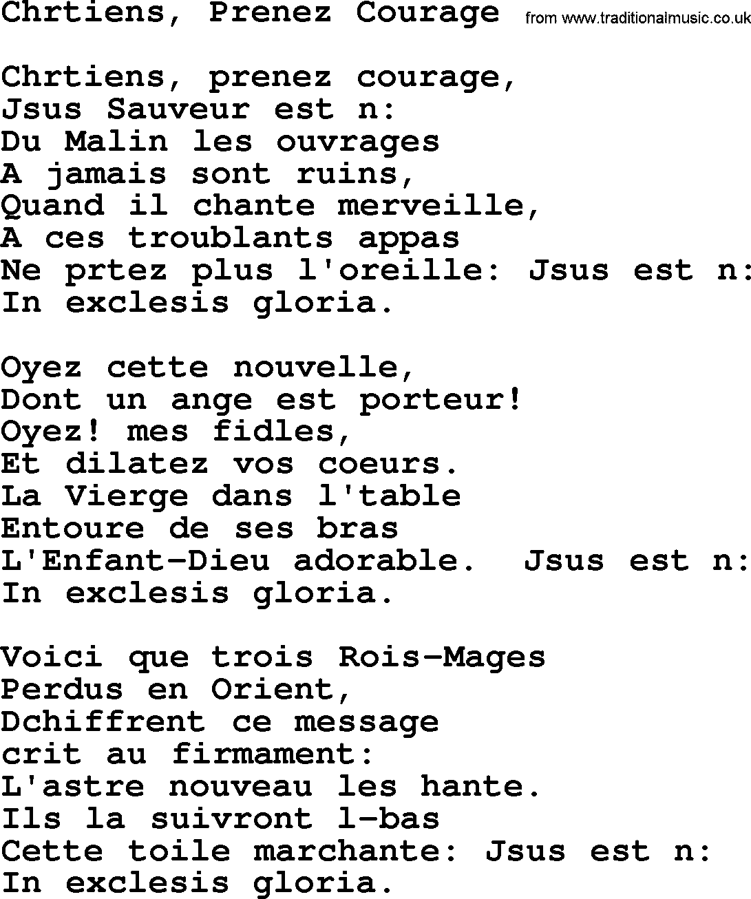 Catholic Hymn: Chrétiens, Prenez Courage lyrics with PDF