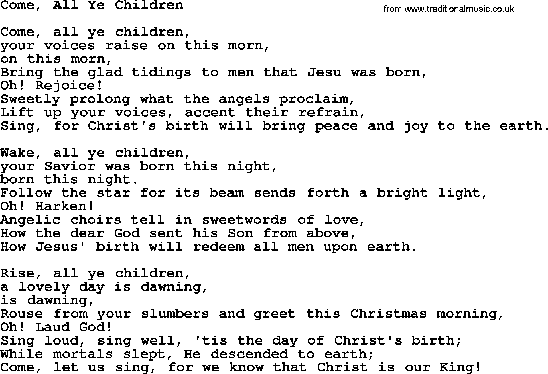 Catholic Hymn: Come, All Ye Children lyrics with PDF
