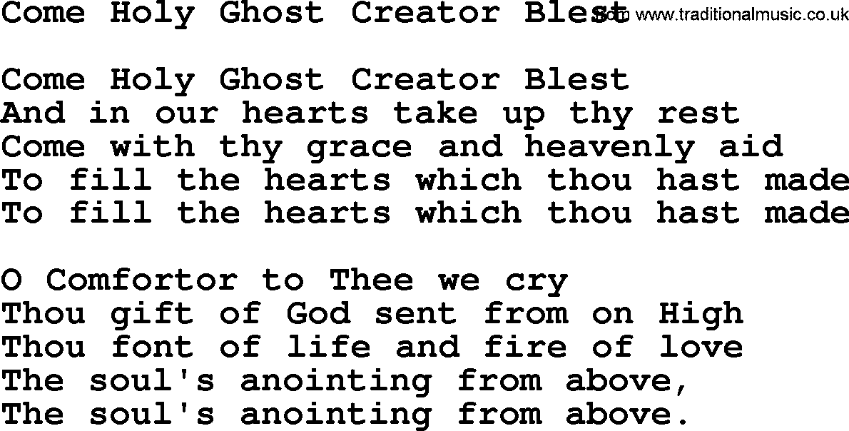 Catholic Hymn: Come Holy Ghost Creator Blest lyrics with PDF