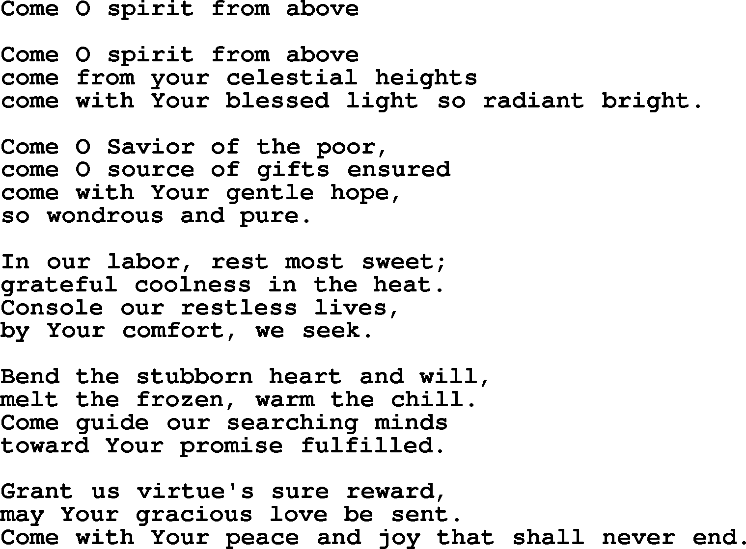 Catholic Hymn: Come O Spirit From Above lyrics with PDF