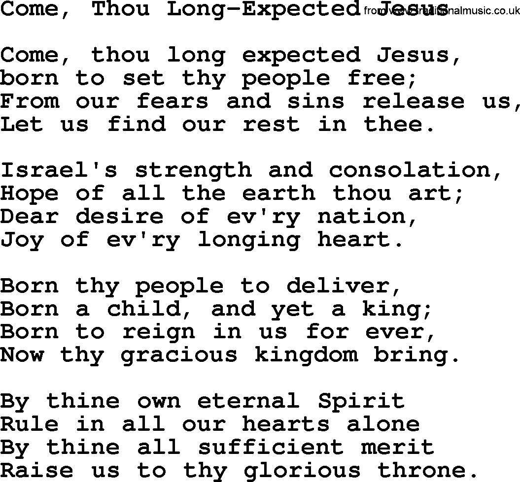 Catholic Hymn: Come, Thou Long-expected Jesus lyrics with PDF