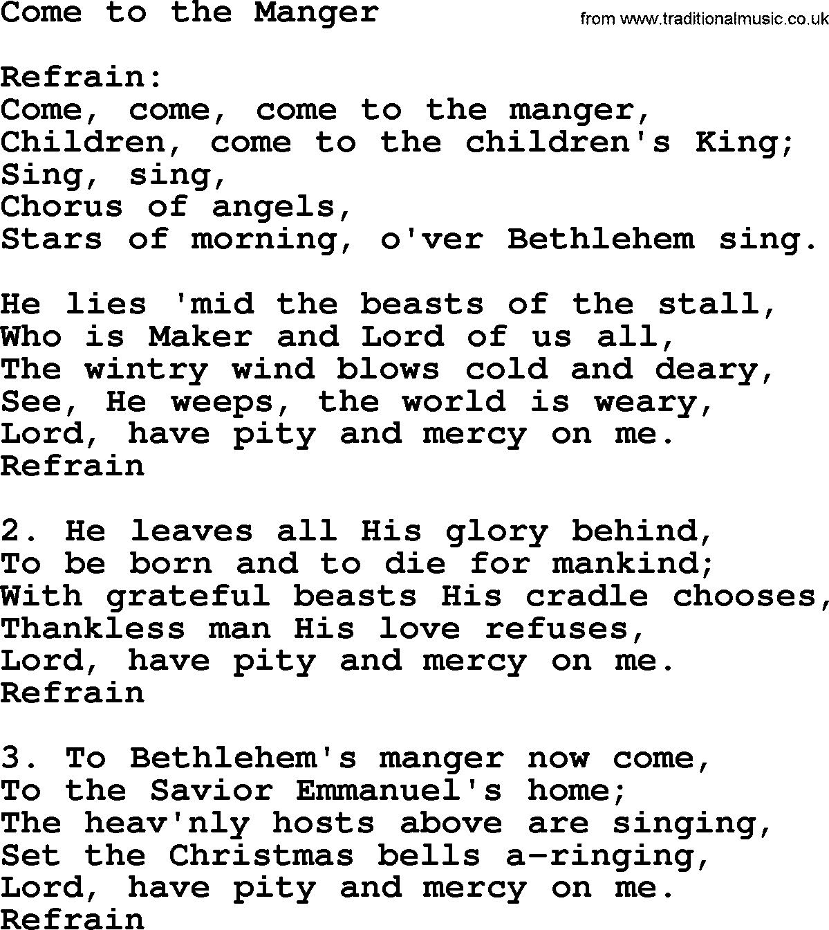 Catholic Hymn: Come To The Manger lyrics with PDF