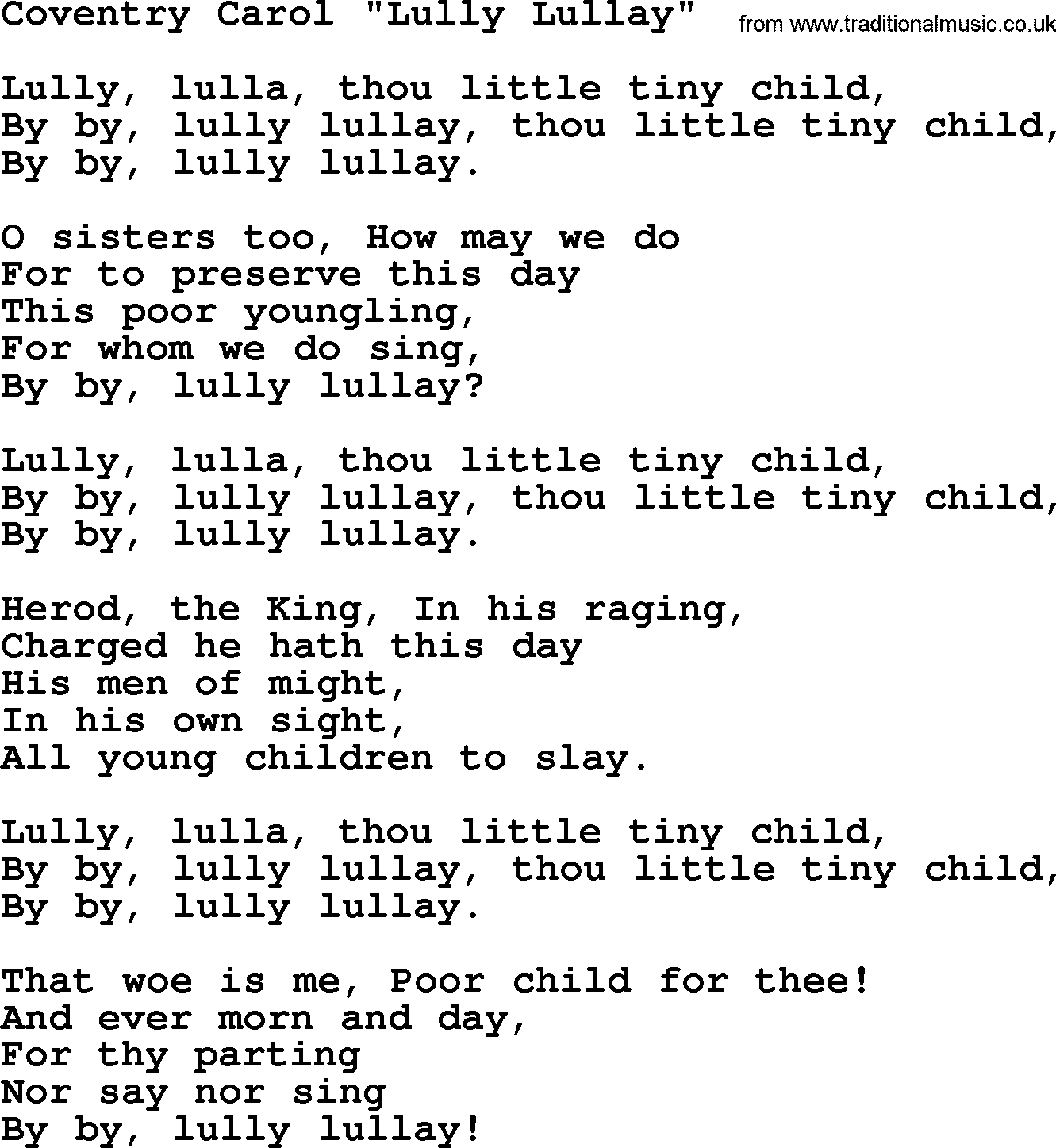 Catholic Hymn: Coventry Carol, Lully Lullay lyrics with PDF
