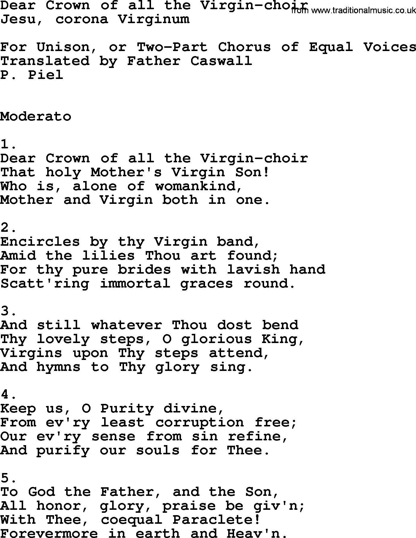Catholic Hymn: Dear Crown Of All The Virgin-choir lyrics with PDF