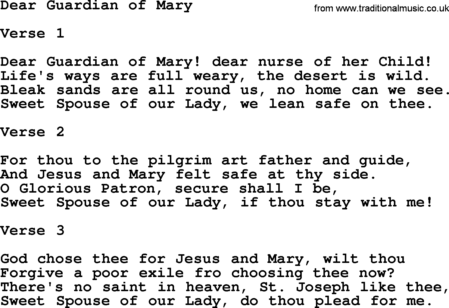 Catholic Hymn: Dear Guardian Of Mary lyrics with PDF