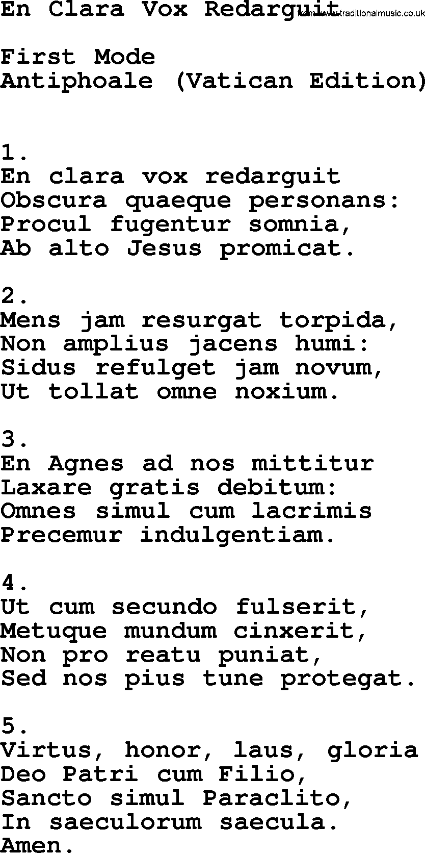 Catholic Hymn: En Clara Vox Redarguit lyrics with PDF