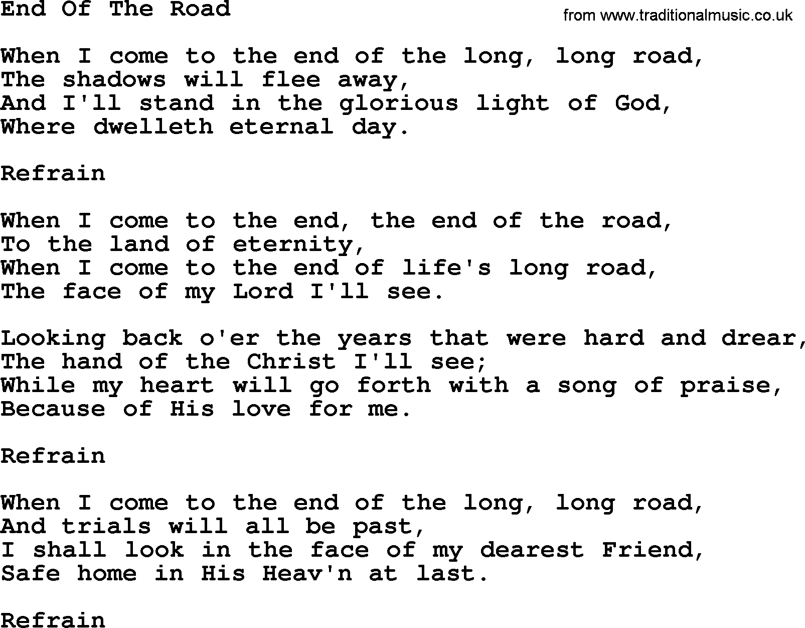 Catholic Hymn: End Of The Road lyrics with PDF
