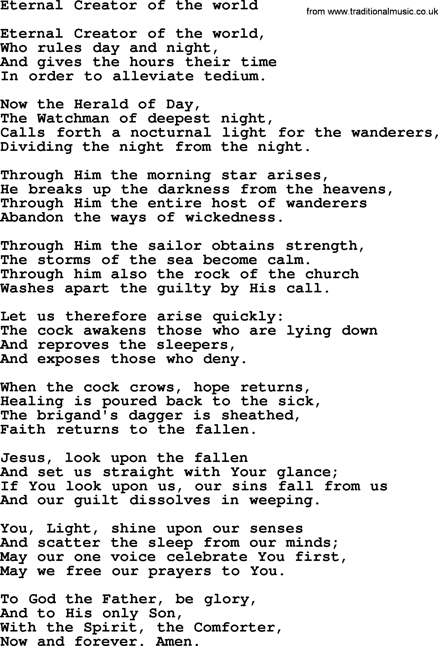 Catholic Hymn: Eternal Creator Of The World lyrics with PDF