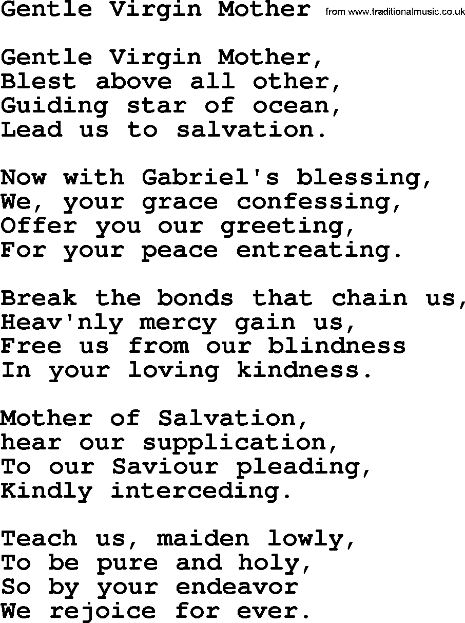 Catholic Hymn: Gentle Virgin Mother lyrics with PDF