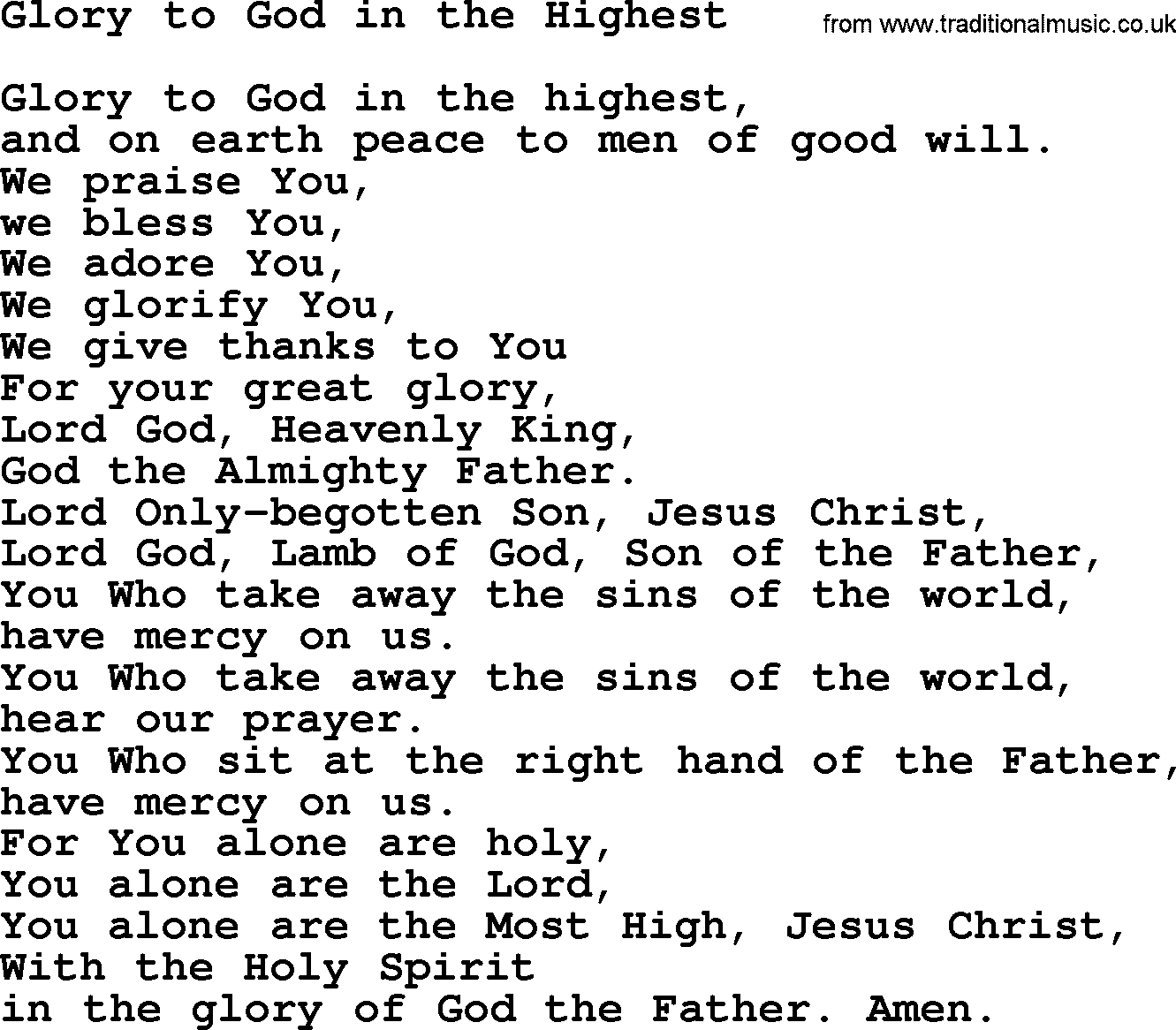 Catholic Hymn: Glory To God In The Highest lyrics with PDF
