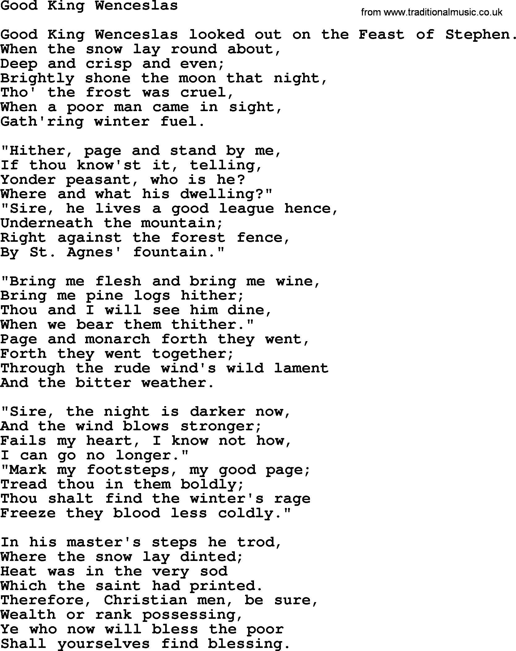 Catholic Hymn: Good King Wenceslas lyrics with PDF