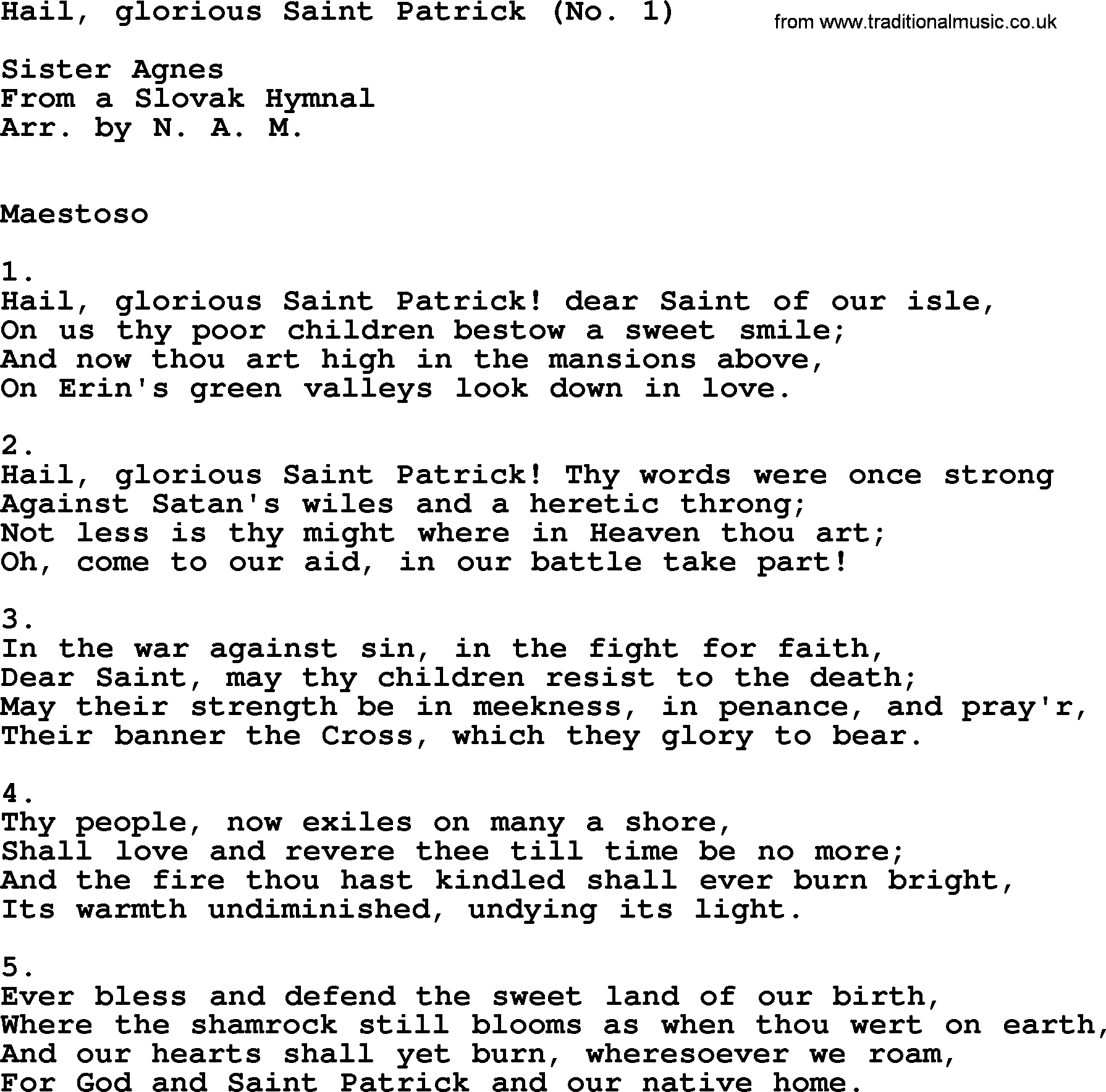 Catholic Hymn: Hail, Glorious Saint Patrick1 lyrics with PDF