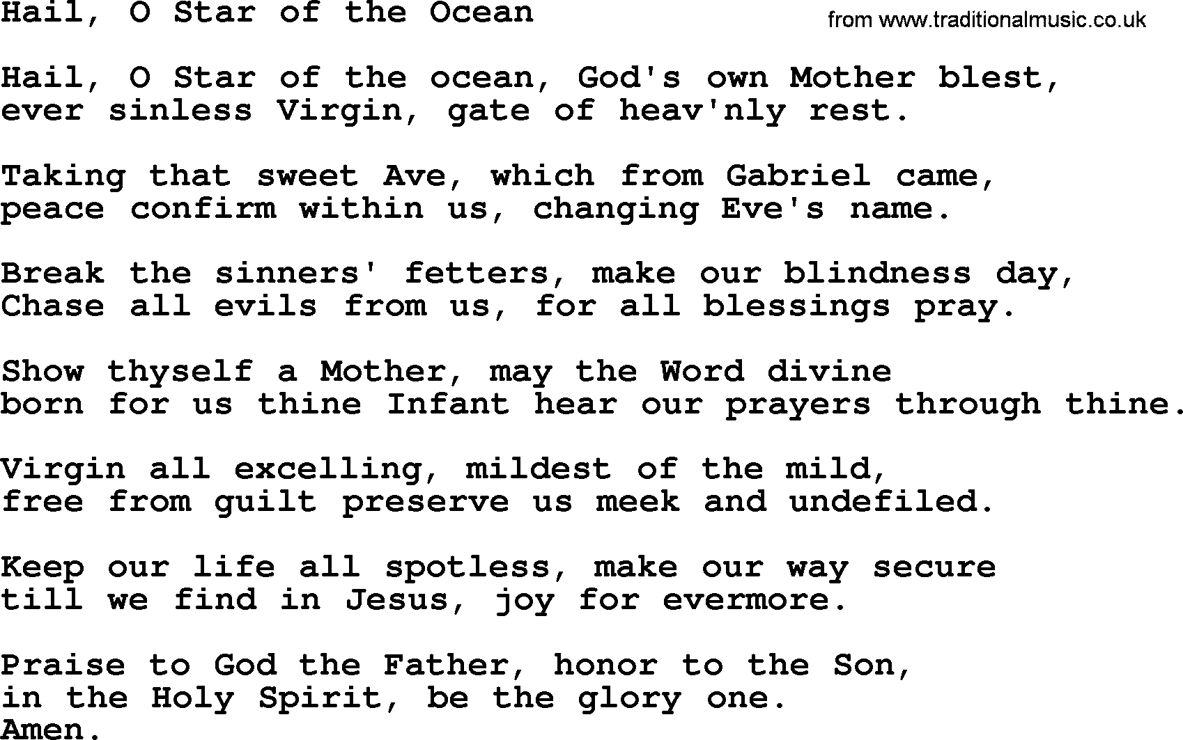 Catholic Hymn: Hail, O Star Of The Ocean lyrics with PDF