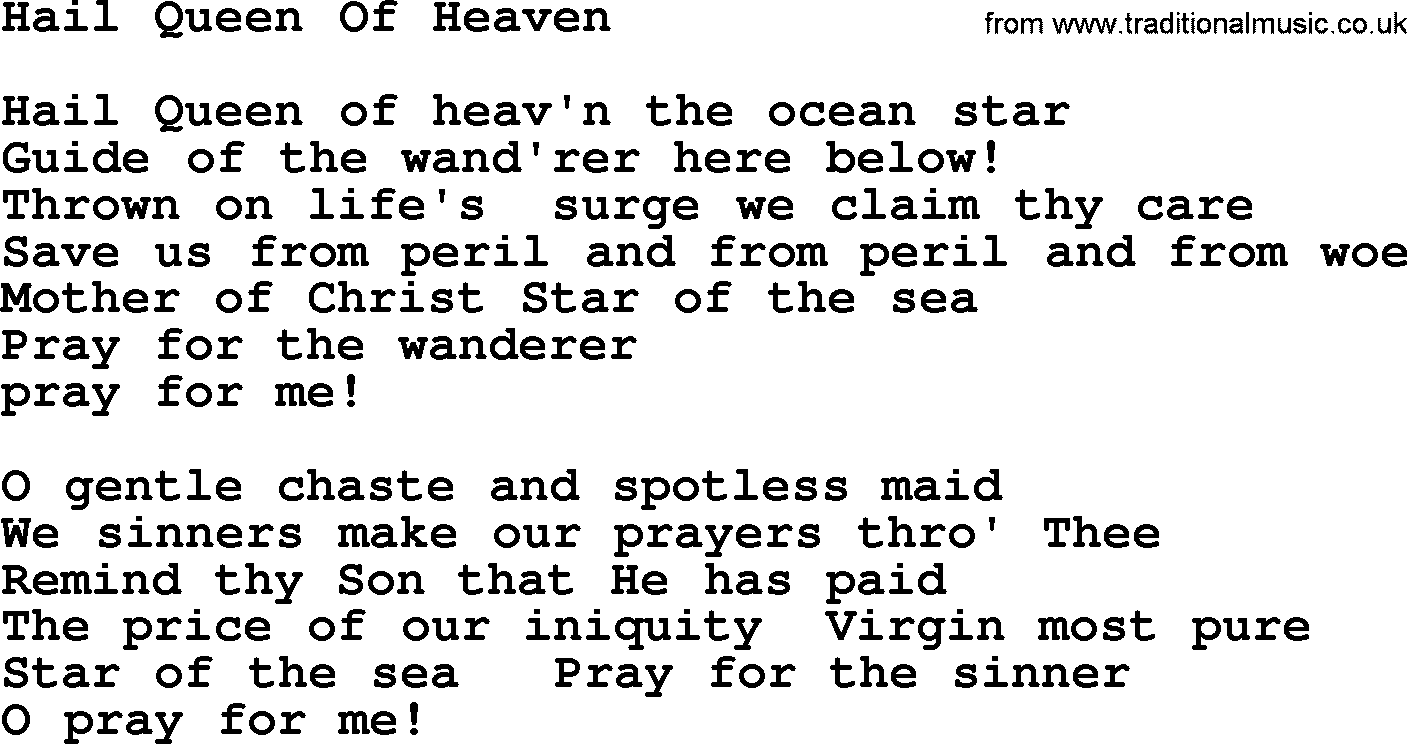 Catholic Hymn: Hail Queen Of Heaven lyrics with PDF
