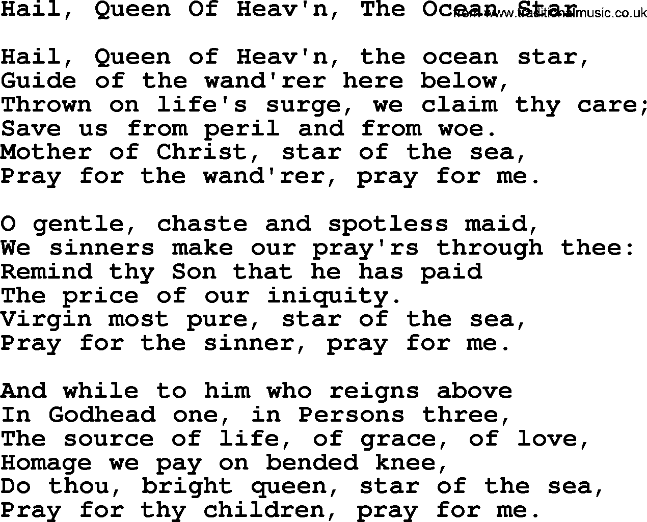 Catholic Hymn: Hail, Queen Of Heav'n, The Ocean Star lyrics with PDF
