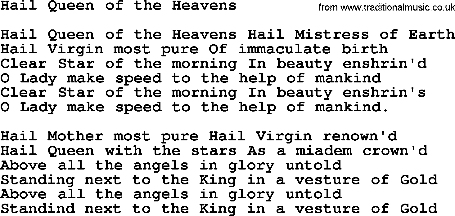 Catholic Hymn: Hail Queen Of The Heavens lyrics with PDF