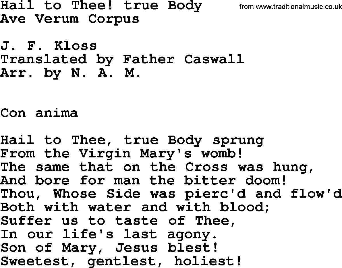 Catholic Hymn: Hail To Thee! True Body lyrics with PDF