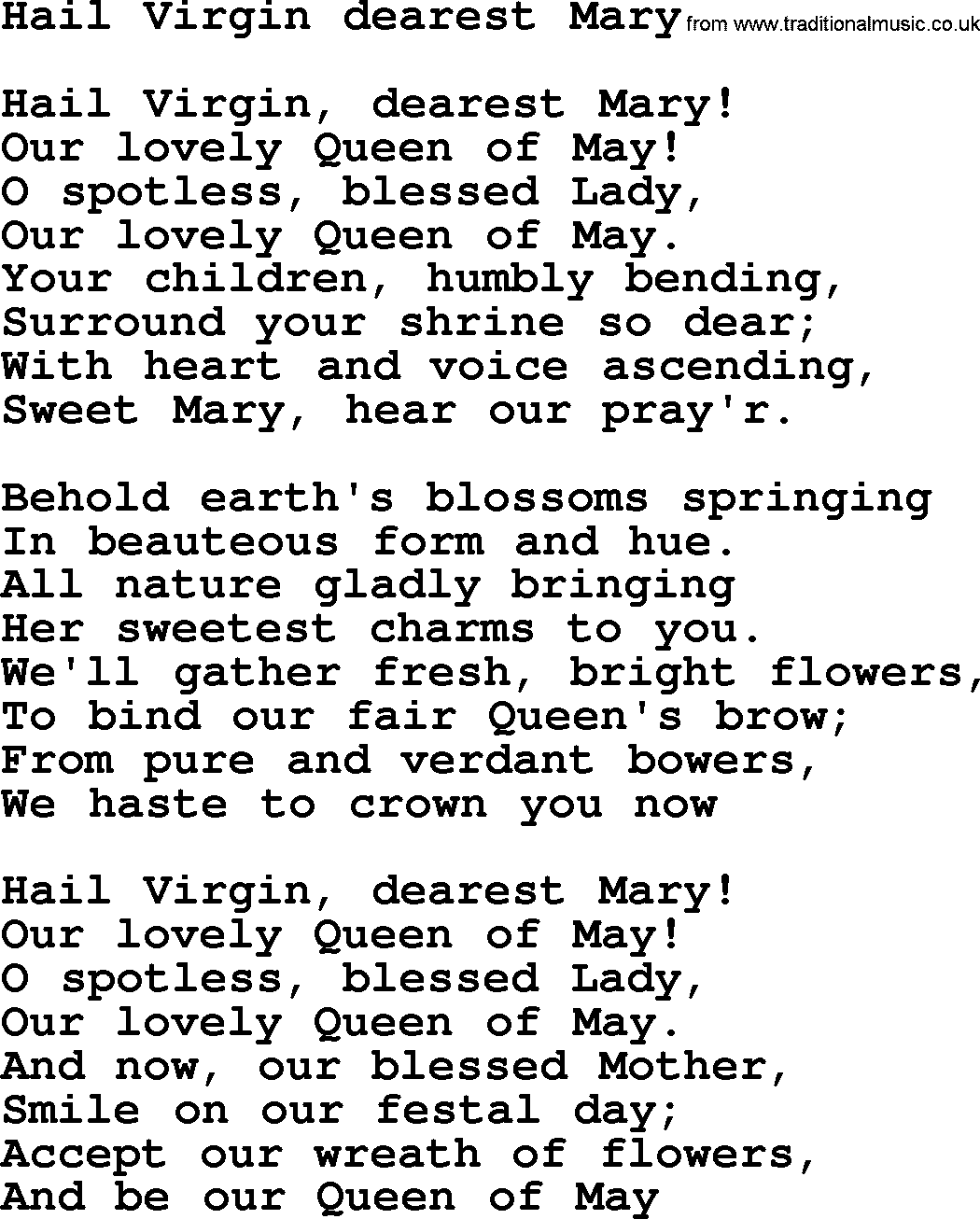 Catholic Hymn: Hail Virgin Dearest Mary lyrics with PDF
