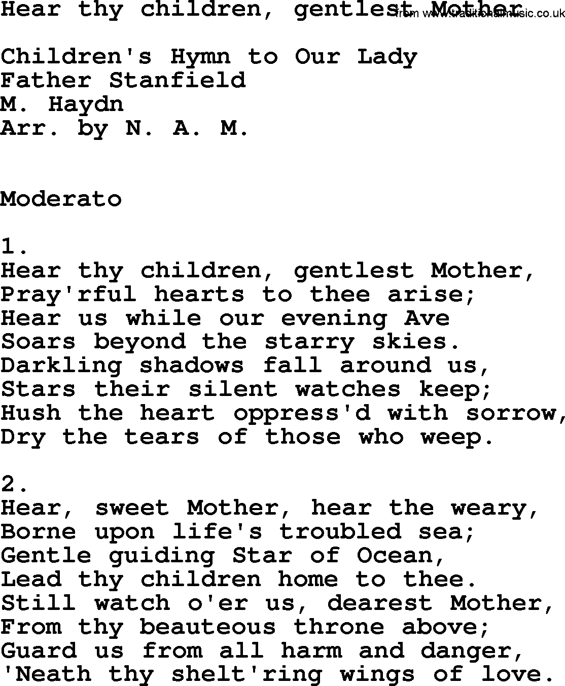 Catholic Hymn: Hear Thy Children, Gentlest Mother lyrics with PDF