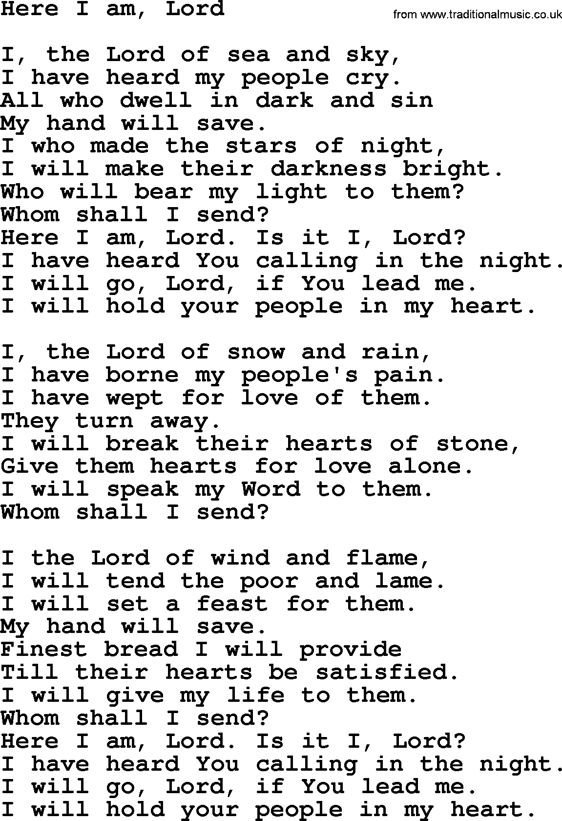 Catholic Hymn: Here I Am, Lord lyrics with PDF