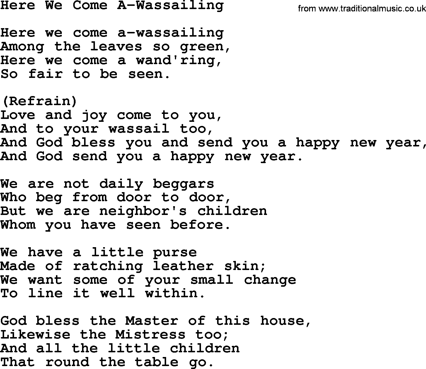 Catholic Hymn: Here We Come A-wassailing lyrics with PDF