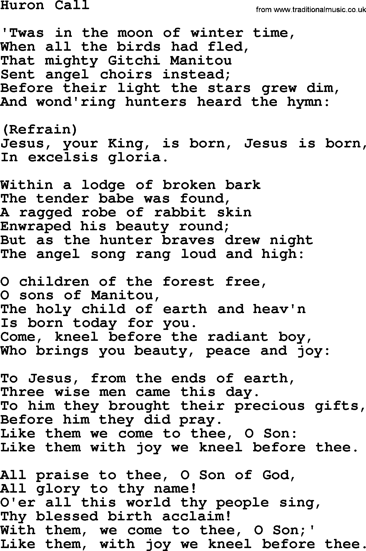 Catholic Hymn: Huron Call lyrics with PDF