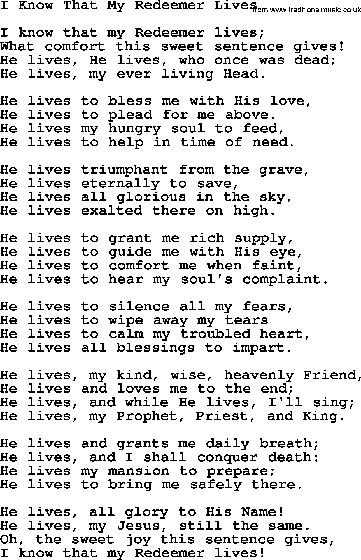 Catholic Hymn: I Know That My Redeemer Lives lyrics with PDF