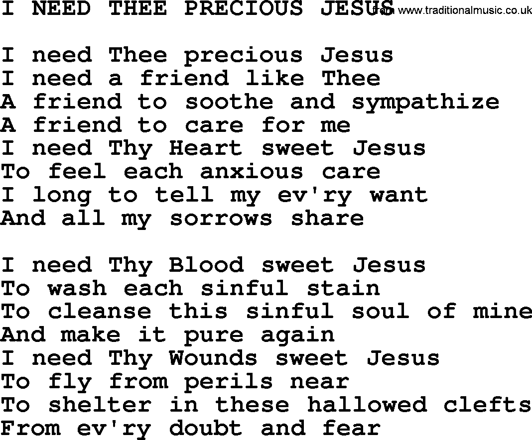 Catholic Hymn: I Need Thee Precious Jesus lyrics with PDF