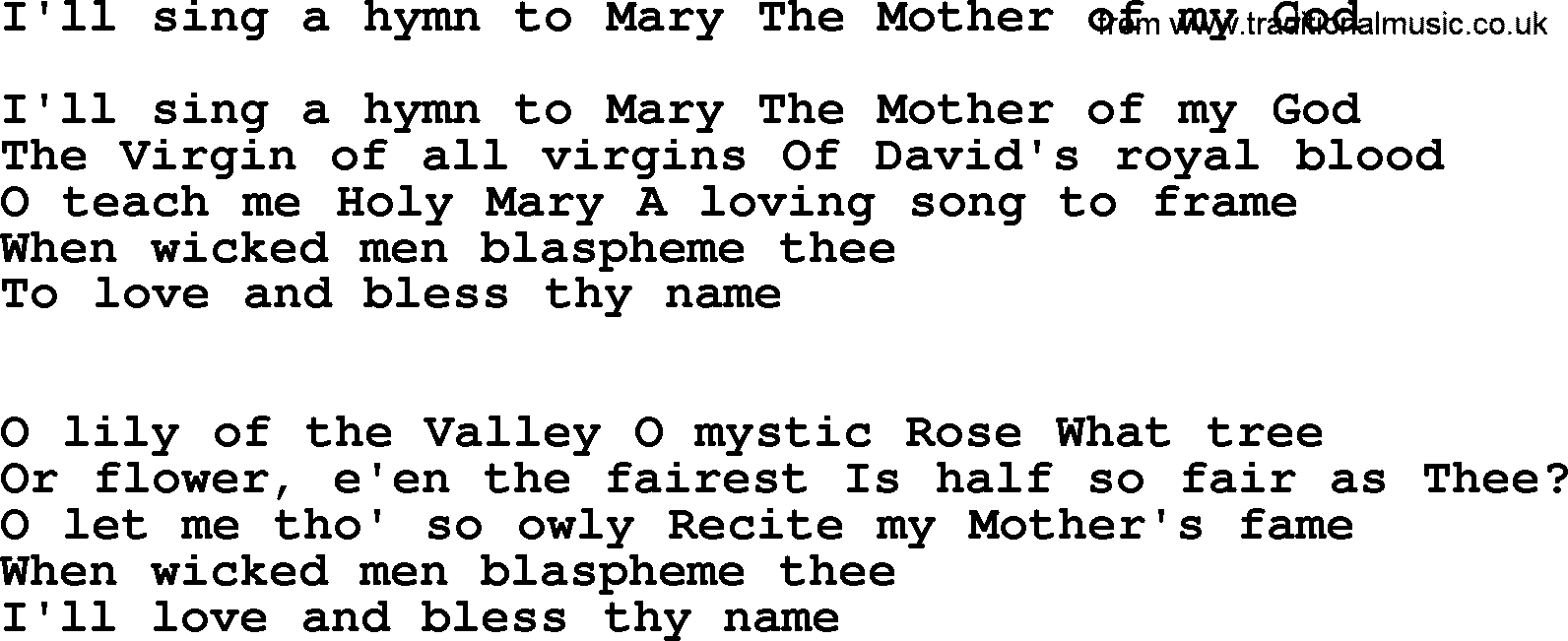 Catholic Hymn: I'll Sing A Hymn To Mary The Mother Of My God lyrics with PDF