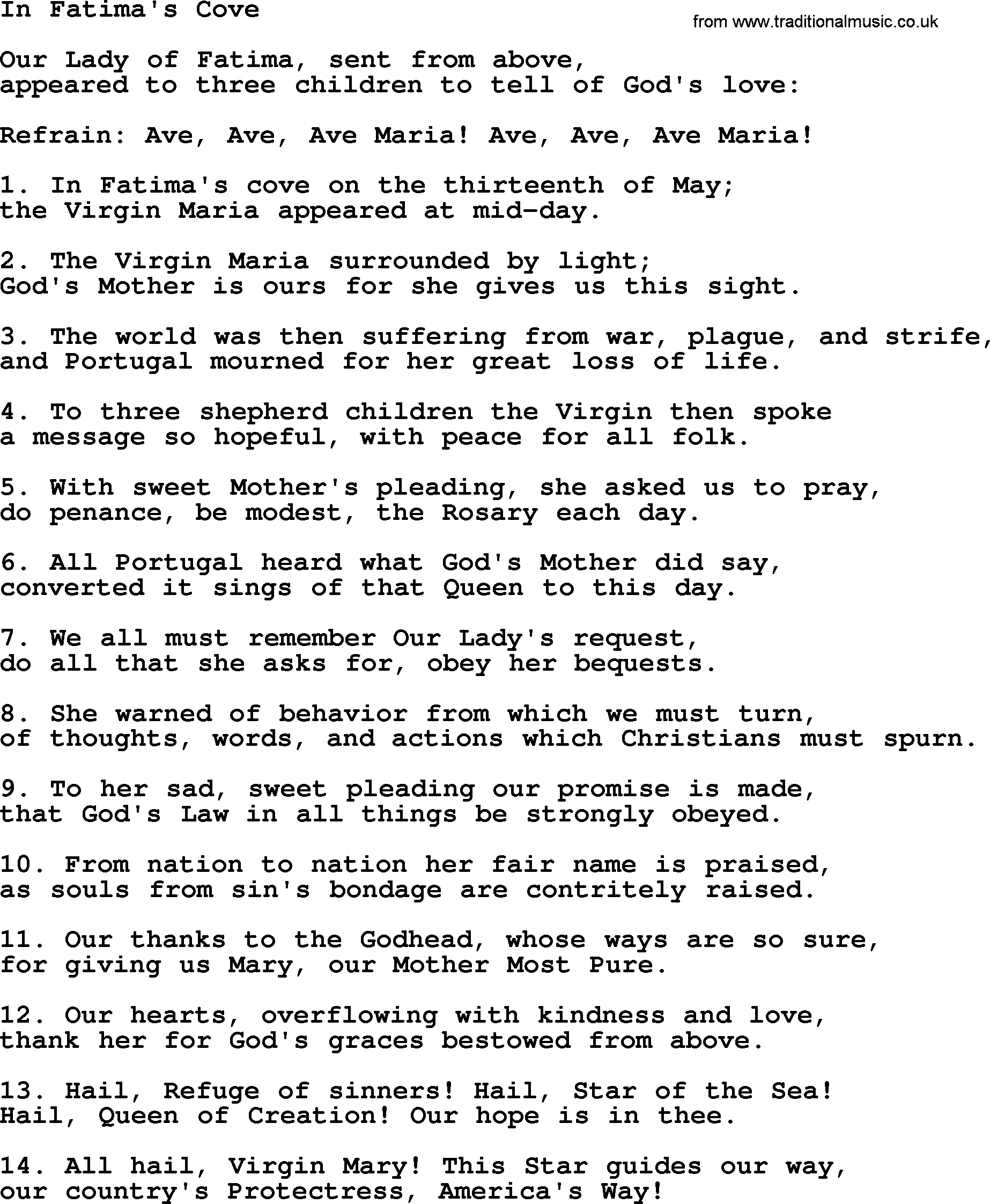 Catholic Hymn: In Fatima's Cove lyrics with PDF