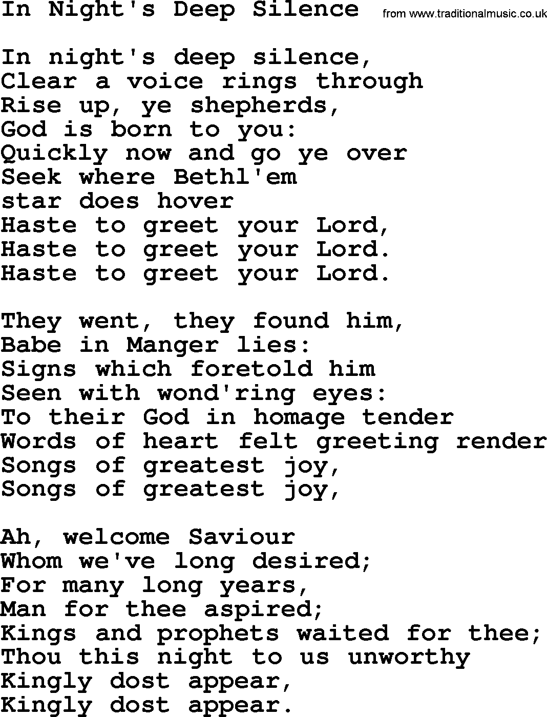 Catholic Hymn: In Night's Deep Silence lyrics with PDF