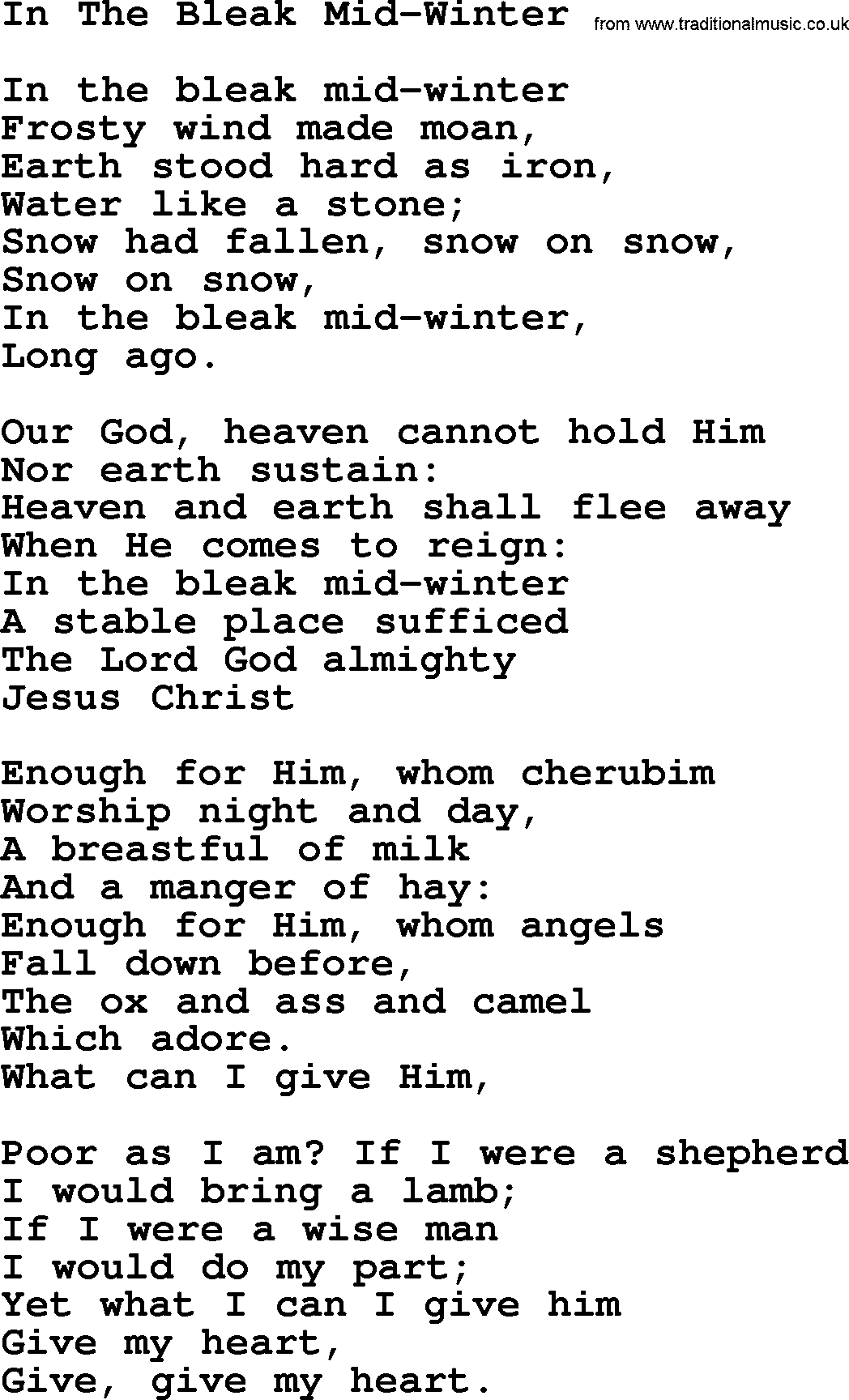 Catholic Hymn: In The Bleak Mid-winter lyrics with PDF