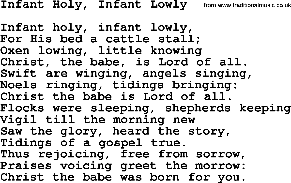 Catholic Hymn: Infant Holy, Infant Lowly lyrics with PDF