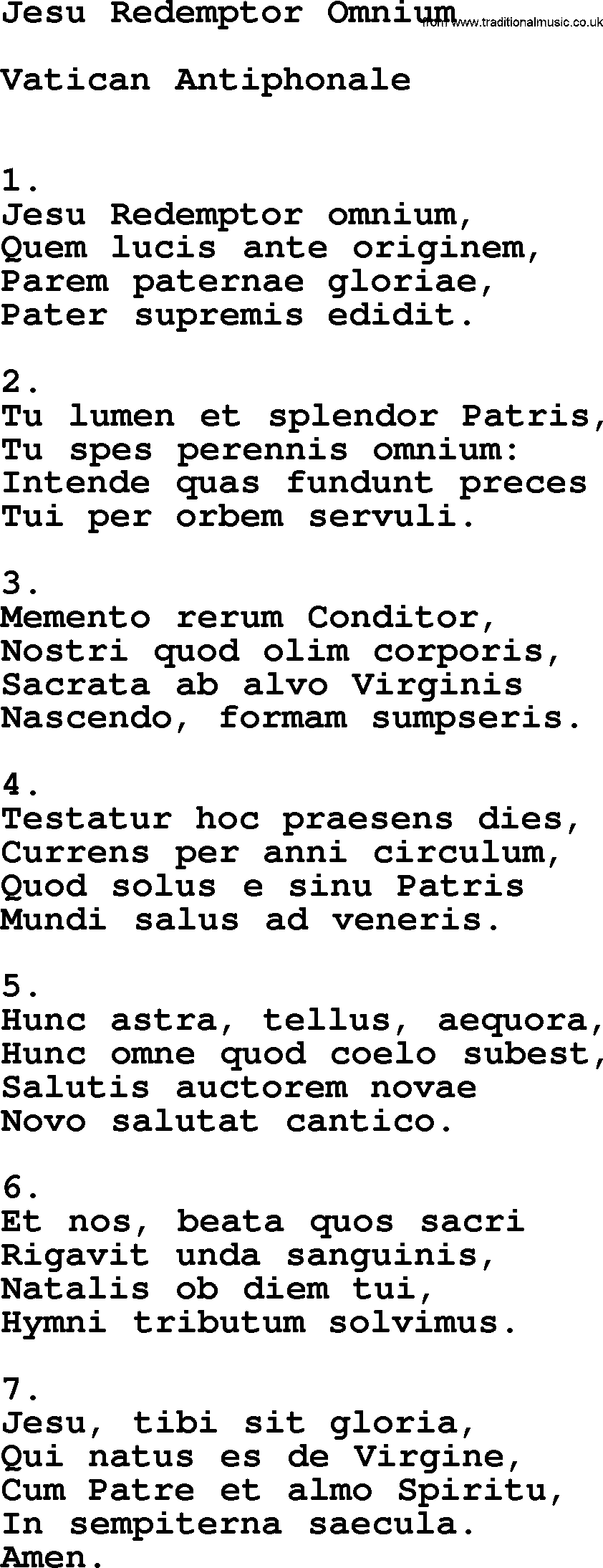 Catholic Hymn: Jesu Redemptor Omnium lyrics with PDF