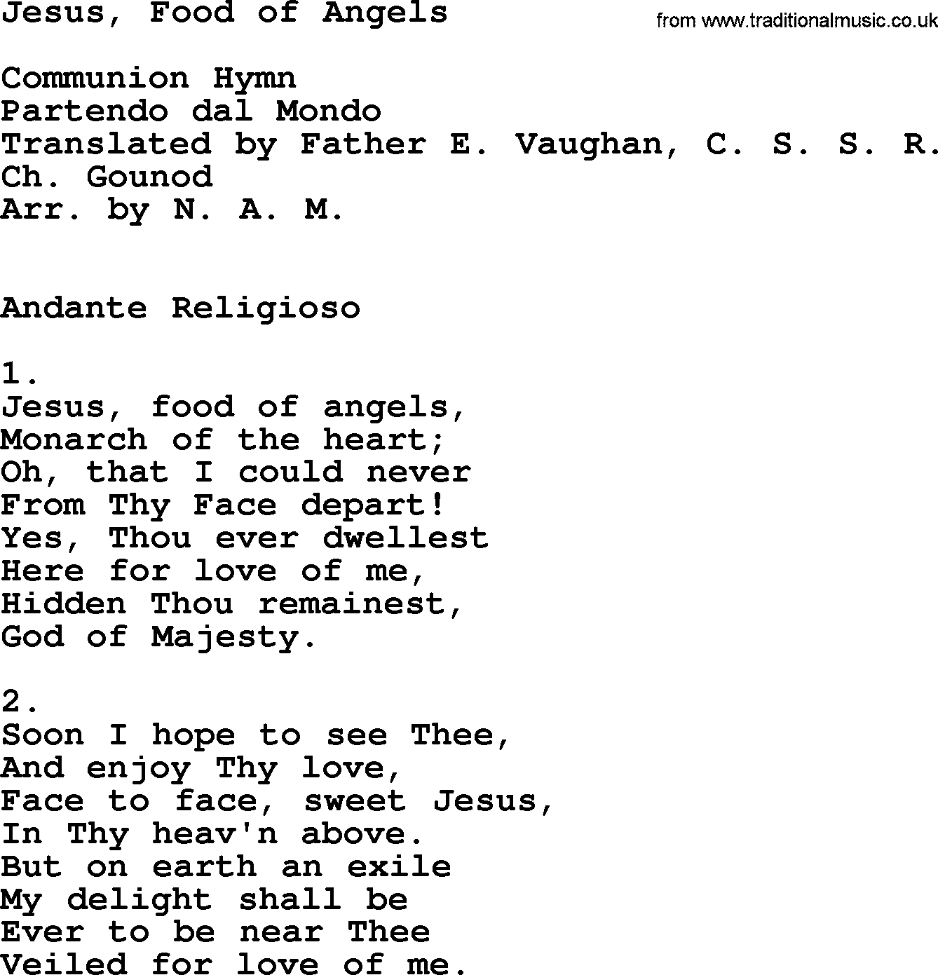 Catholic Hymn: Jesus, Food Of Angels lyrics with PDF