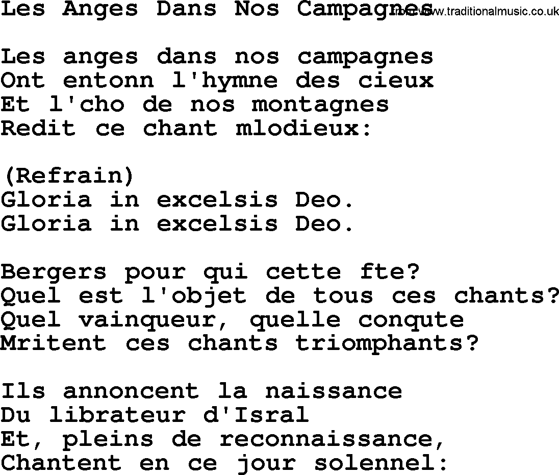Catholic Hymn: Les Anges Dans Nos Campagnes lyrics with PDF