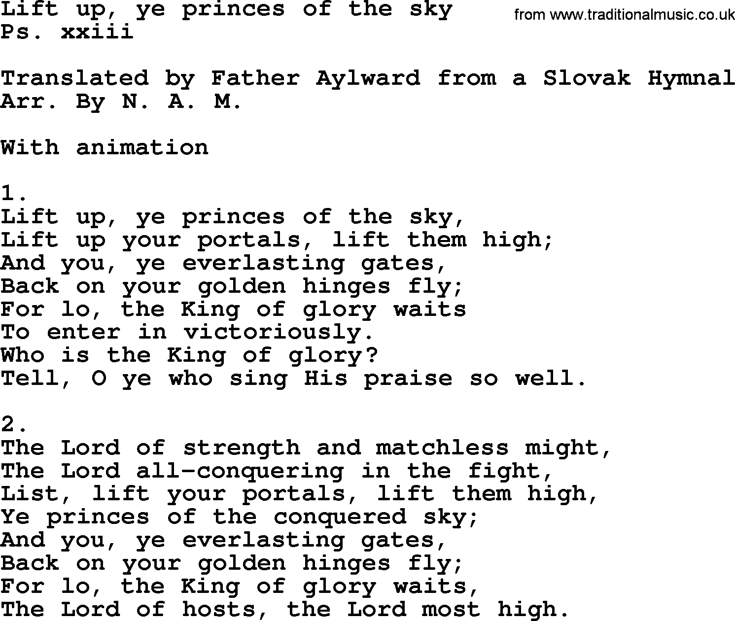 Catholic Hymn: Lift Up, Ye Princes Of The Sky lyrics with PDF