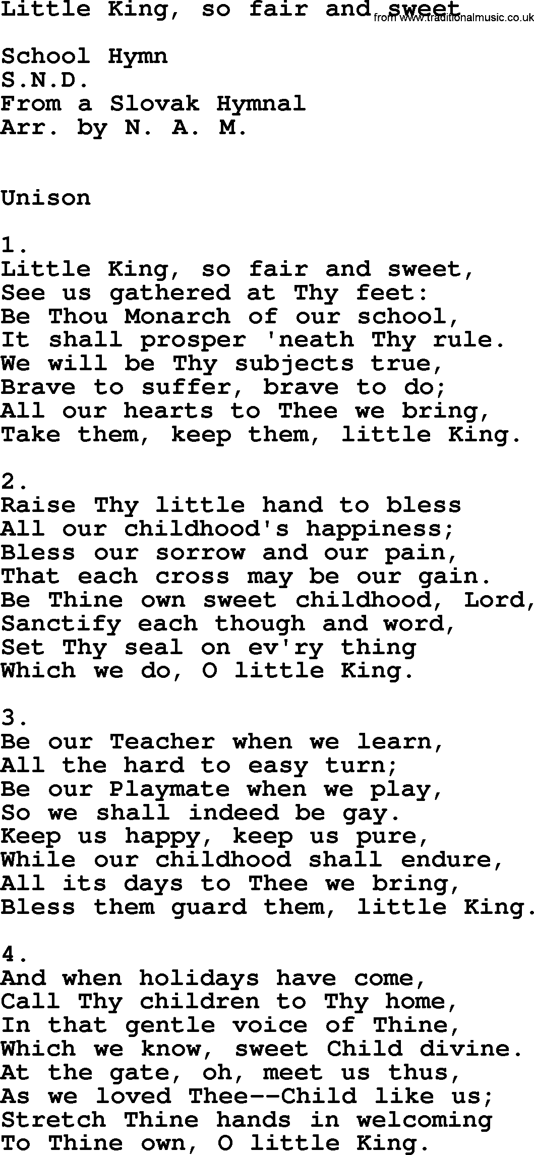 Catholic Hymn: Little King, So Fair And Sweet lyrics with PDF
