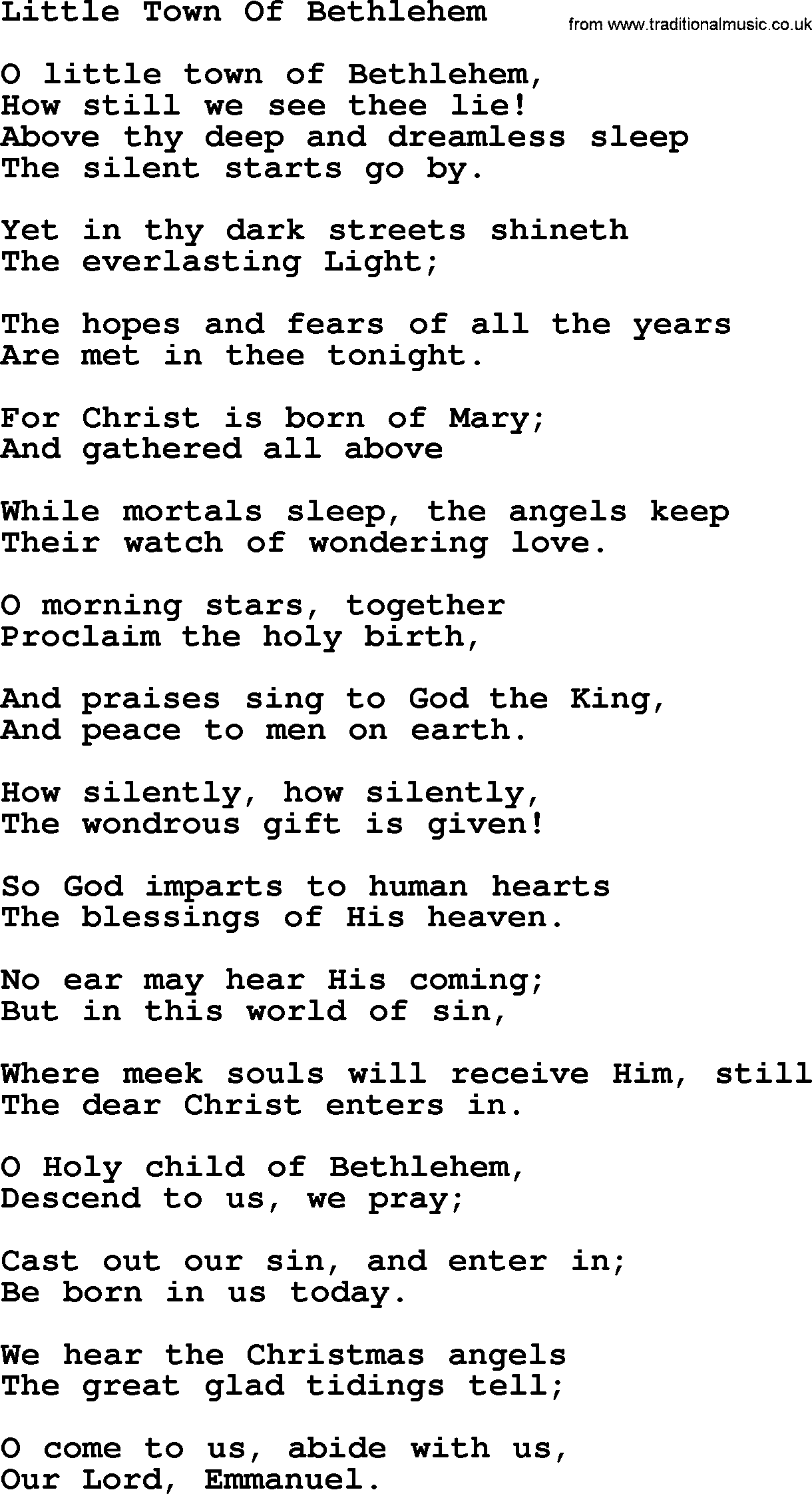 Catholic Hymn: Little Town Of Bethlehem lyrics with PDF