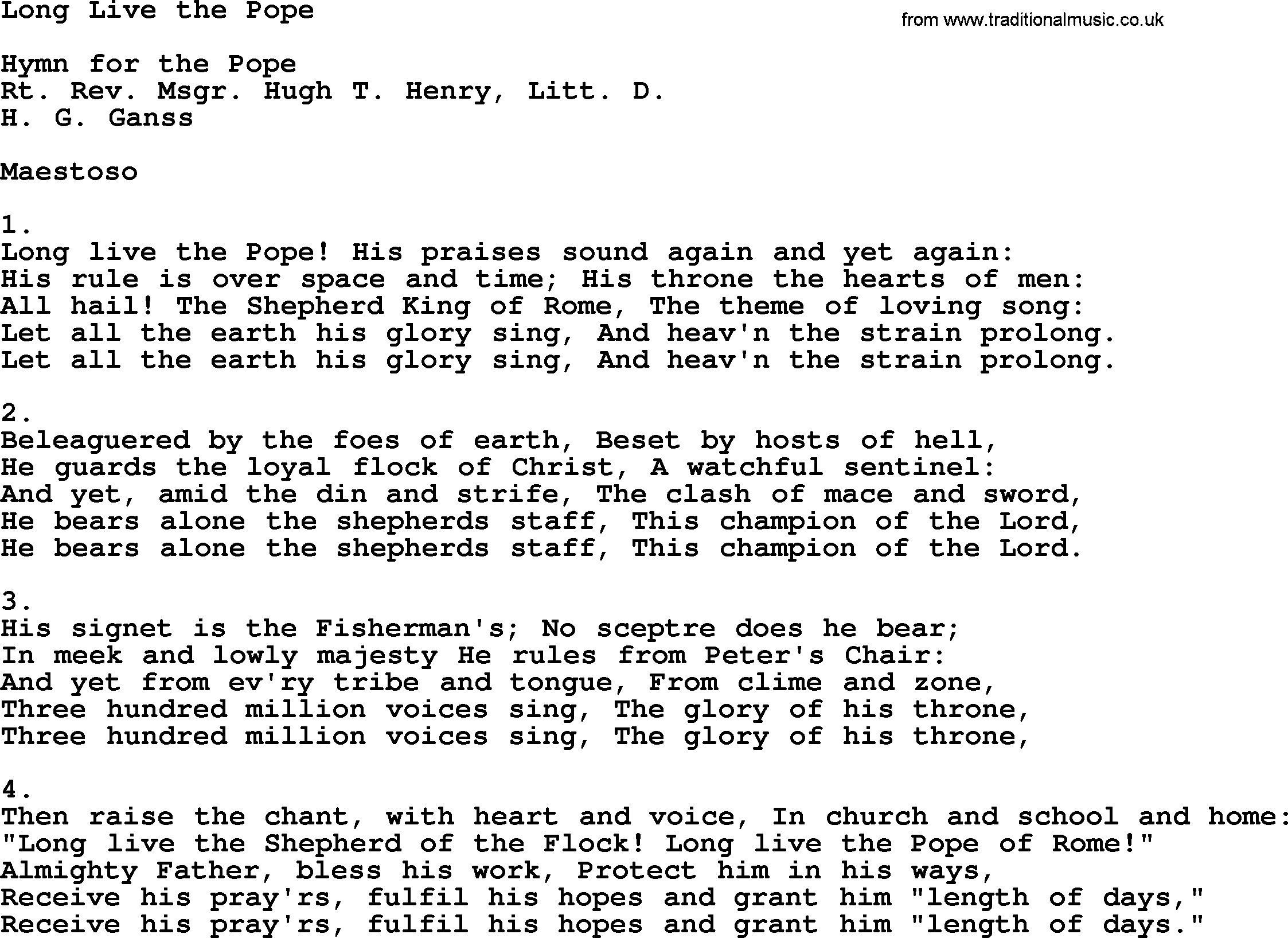 Catholic Hymn: Long Live The Pope lyrics with PDF